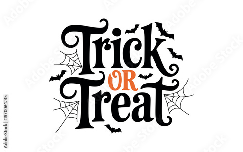 Halloween trick or treat spooky handwritten gothic typography with spider web design isolated on white background