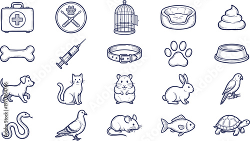 Pet Care and Veterinary Hand Drawn Icon Set Featuring Dog, Cat, Hamster, Rabbit, Bird, Snake, Fish, Turtle, Medicine, and Accessories