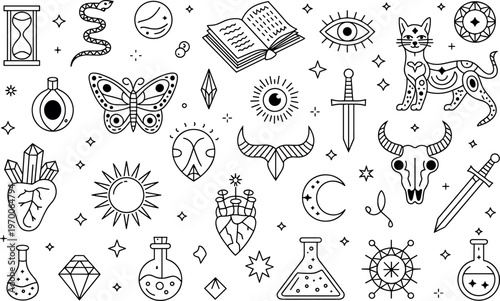 Black and white line art icons set of zodiac signs, science, animals, and mystic symbols vector illustration