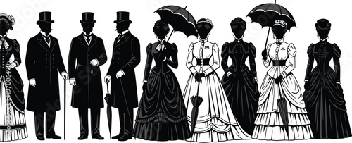 Victorian era fashion silhouettes featuring elegant men and women in historical clothing with dresses, suits, hats, and umbrellas vintage vector illustration