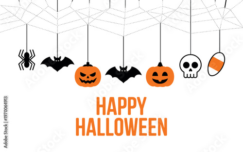 Halloween party decorations with flying bats, pumpkins, spider, and skull banner on white brick wall background