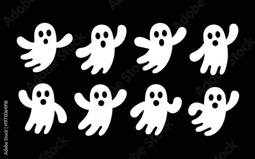 Cute white cartoon ghosts set waving friendly isolated on black background Halloween decoration