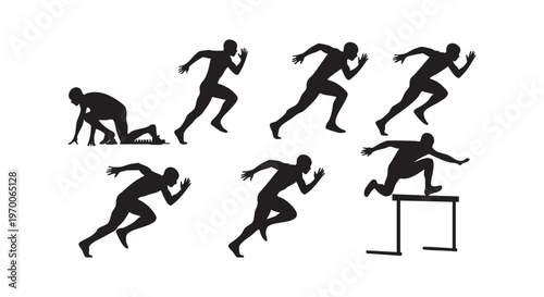 A series of black silhouettes of a person running and jumping in various positions isolated on transparent background