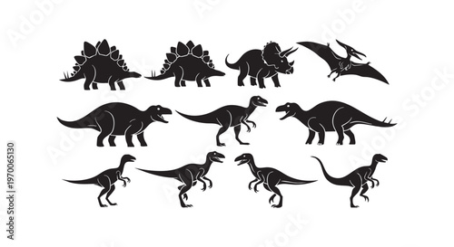 A group of different dinosaurs silhouettes walking in various directions isolated on transparent background