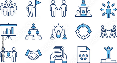 Business Leadership and Teamwork Line Icon Set Featuring Partnership, Strategy, Handshake, Hierarchy, Presentation, Ideas, Competition, Growth, Success, and Human Resources