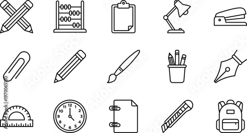 Back to School and Office Stationery Line Icon Set Featuring Pencil, Abacus, Clipboard, Desk Lamp, Stacker, Paperclip, Brush, and Backpack