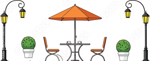 Outdoor cafe scene with umbrella, street lamps and plants, patio table chairs setup, cozy terrace seating, vector illustration design