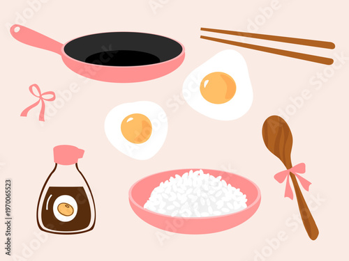 Cute cooking ingredients rice egg soy sauce pan and chopsticks pastel kitchen illustration design.