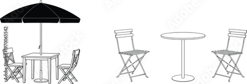 Outdoor cafe furniture set, patio table chairs with umbrella, garden seating collection, black white vector illustration, terrace dining design