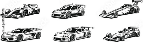 Racing cars set, formula and sports car collection, high speed vehicles, motorsport illustration, black white vector isolated automotive design