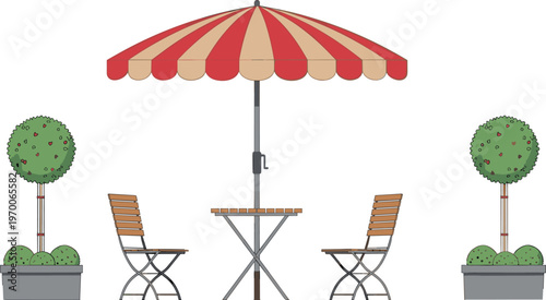 Outdoor patio table with umbrella, garden chairs and plants, cafe terrace setup, summer seating scene, colorful vector illustration design
