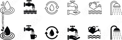Water conservation icons depicting various water sources and usage methods