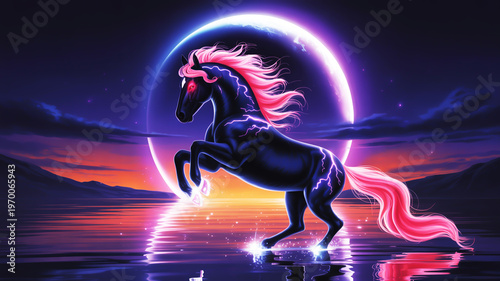 Dynamic digital painting of a powerful dark horse with glowing pink mane, rearing majestically against an ethereal cosmic ring in a mystical starlit night sky, reflecting on tranquil water