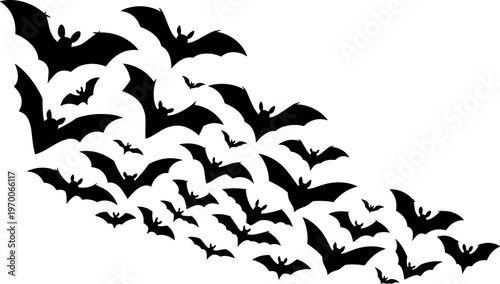 Flock of bats flying in silhouette against white background minimalist vector illustration night wildlife