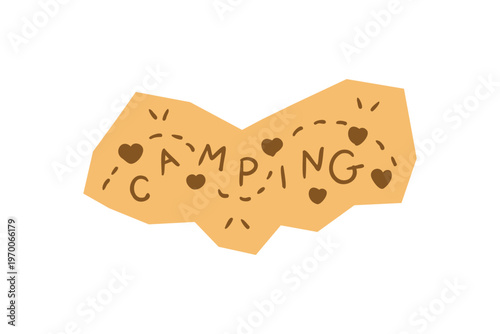 Hand drawn Camping handwritten text with hearts and dashed lines on organic paper cutout shape for scrapbook and journal. Vector illustration design.