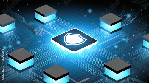 Secure Digital Network with Shield Icon Illustration Representing Data Protection and Cybersecurity