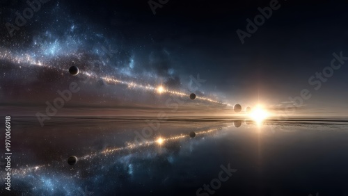 A stunning cosmic scene shows planets aligned with a glowing sun, reflecting off a serene surface beneath a star-filled galaxy.