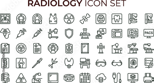Radiology medical outline icon set featuring diagnostic imaging equipment symbols for healthcare apps websites presentations and clinical interface design