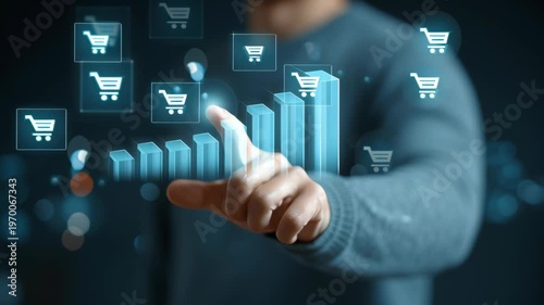 Person Interacting with Holographic Bar Chart and Shopping Cart Icons