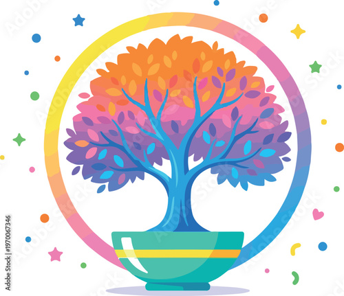 Vibrant tree growing in a teacup with colorful leaves and rainbow background