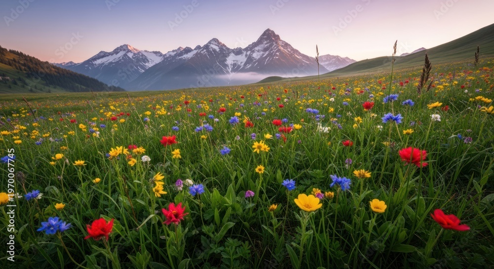 Obraz premium A beautiful meadow of wildflowers in a scenic mountain landscape.