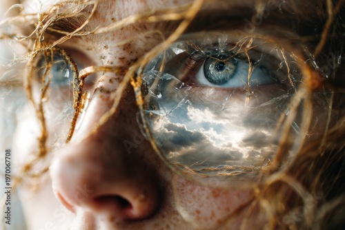 Dynamic Emotional Metaphors: Close-Up Portrait – Reflection in Eyeglasses Cracks Like Windshield, Shards Reveal Stormy Skies