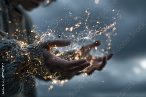 Dynamic Emotional Metaphors: Outstretched Hands Crackle with Static Sparks – Tiny Glowing Worry-Symbols Leap Like Lightning