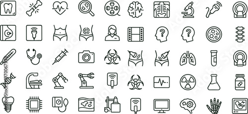 Medical diagnostic radiology outline icon set featuring healthcare imaging equipment laboratory symbols for hospital apps websites presentations and clinical interface design