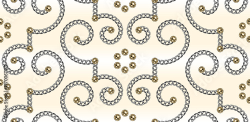 Ornate scrollwork seamless pattern with silver chains, golden beads, delicate swirling motifs. Detailed illustration in luxury vintage style. For luxury packaging, haute couture, bridal designs