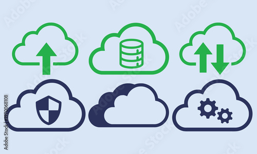 Cloud computing icons: data storage, security, upload, download, processing, and network