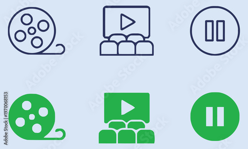 Vintage Film Reel, Cinema Seats, and Play/Pause Icons Set on Blue Background