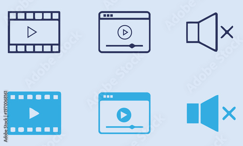 Video Player and Mute Icons on Blue Background, Vector Set