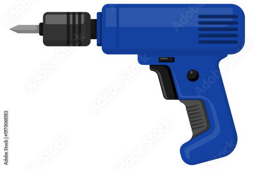 Electric power drill vector illustration, professional blue handheld tool with chuck and bit, isolated on white background for construction hardware repair and DIY home maintenance project designs.