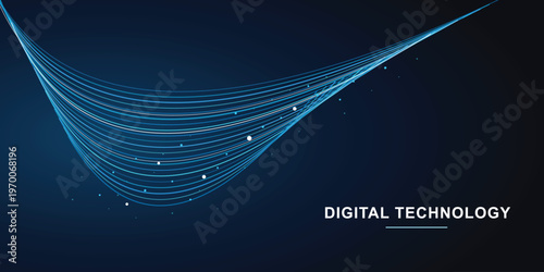 Minimalist digital technology background featuring flowing blue and white curved lines and data points on a dark gradient professional tech backdrop.