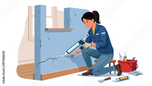 Woman using a tool to fix a crack in a blue wall indoors