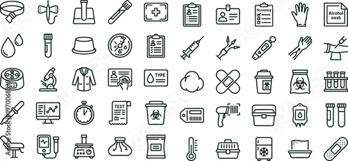 Medical laboratory sample testing line icon set for clinical diagnostics collection equipment healthcare interface symbols vector applications