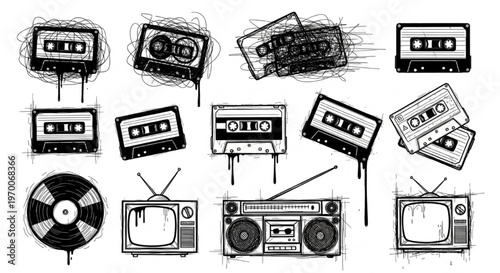 Urban Graffiti Cassette Tape and Retro Media Icon Vector Illustration Sheet in Black Ink Grunge Punk Street Art Style with Tangled Broken Dripping Details