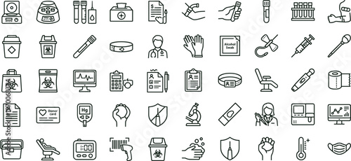 Medical laboratory testing line icon set for diagnostics healthcare analysis equipment interface symbols vector clinical applications