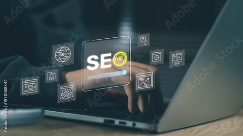 SEO analytics with laptop interface showing search optimization, website ranking digital marketing strategy. Data driven insights improve visibility, traffic and online business growth performance.
