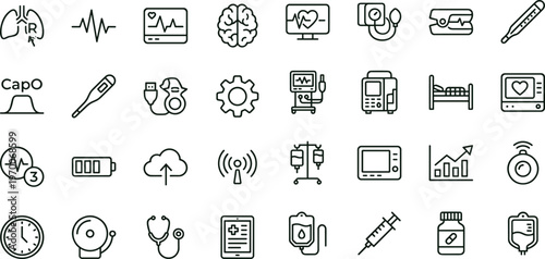 Medical monitoring device line icon set for hospital diagnostics vital signs healthcare equipment interface symbols vector applications