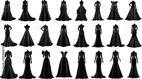 Set of elegant evening gown and wedding dress silhouettes in various luxury styles including ball gowns, mermaid, and A-line, perfect for bridal fashion design, formal event apparel