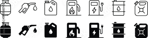 Collection of black and white fuel gas and energy source icons