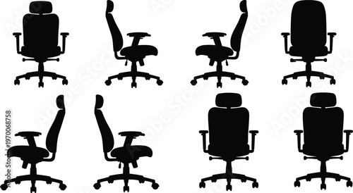 Set of ergonomic office chair silhouettes in front and side views, professional executive swivel chairs with headrests, ideal for corporate workspace, home office interior
