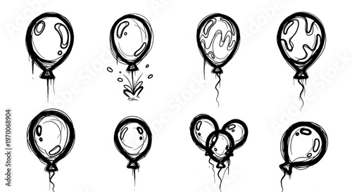 Urban Graffiti Balloon and Floating Shape Vector Illustration Sheet in Black Ink Grunge Punk Street Art Style with Popping Deflating and Dripping Forms