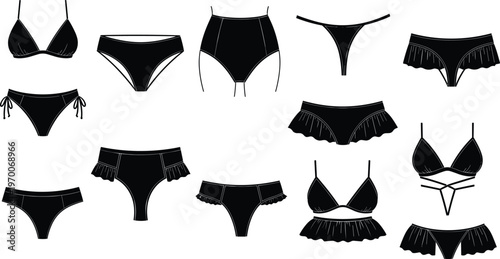 Set of women's lingerie silhouettes including various panty styles like thongs, high-waisted briefs, and ruffled underwear with matching bras, perfect for fashion design, 