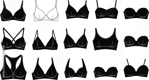 Set of women's bra silhouettes in various styles including sports bra, strapless, push up, and balcony, perfect for fashion design, lingerie retail, and apparel lifestyle concepts.