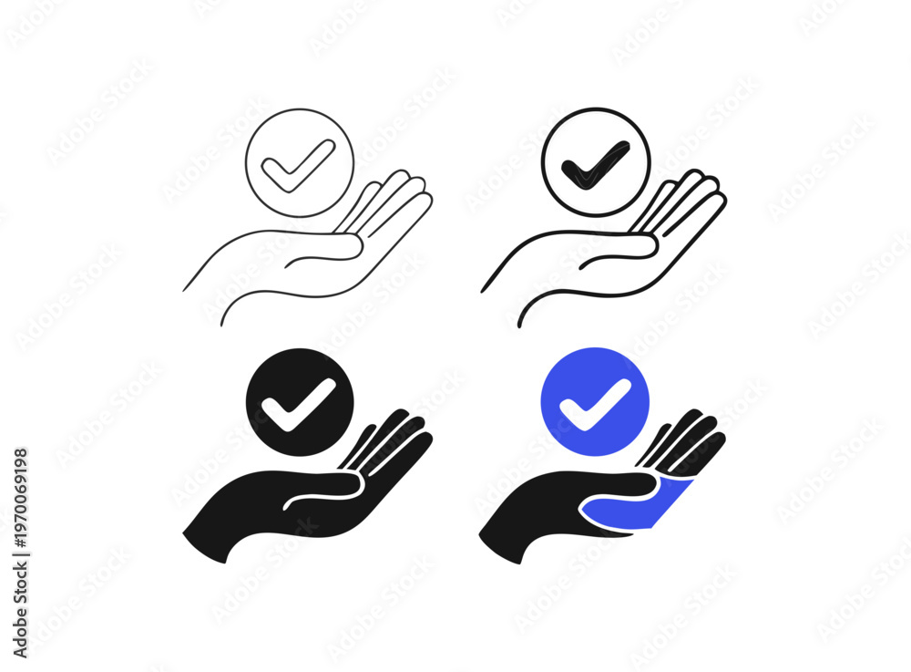 Fototapeta premium Guarantee Badge Icon Set – Quality Assurance Hand Checkmark Vector Collection in 4 Modern Styles