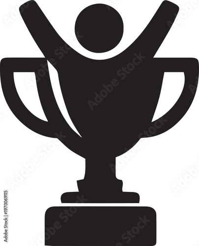 Silhouette of a trophy with a person celebrating victory representing achievement and success ideal for sports or business concepts isolated on white background