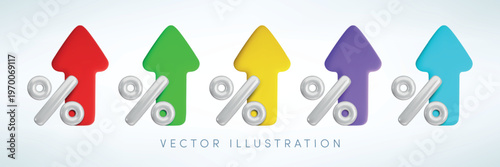 Vector cartoon 3d percent up icon color set. Cute realistic percentage sign with green, red, yellow, blue growth arrow. 3d render for promotion, discount, banking app, increase in deposit, loan rate.