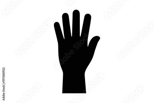 Hand black silhouette icon with five fingers spread wide and palm facing forward, symbolizing greeting or stop signal.